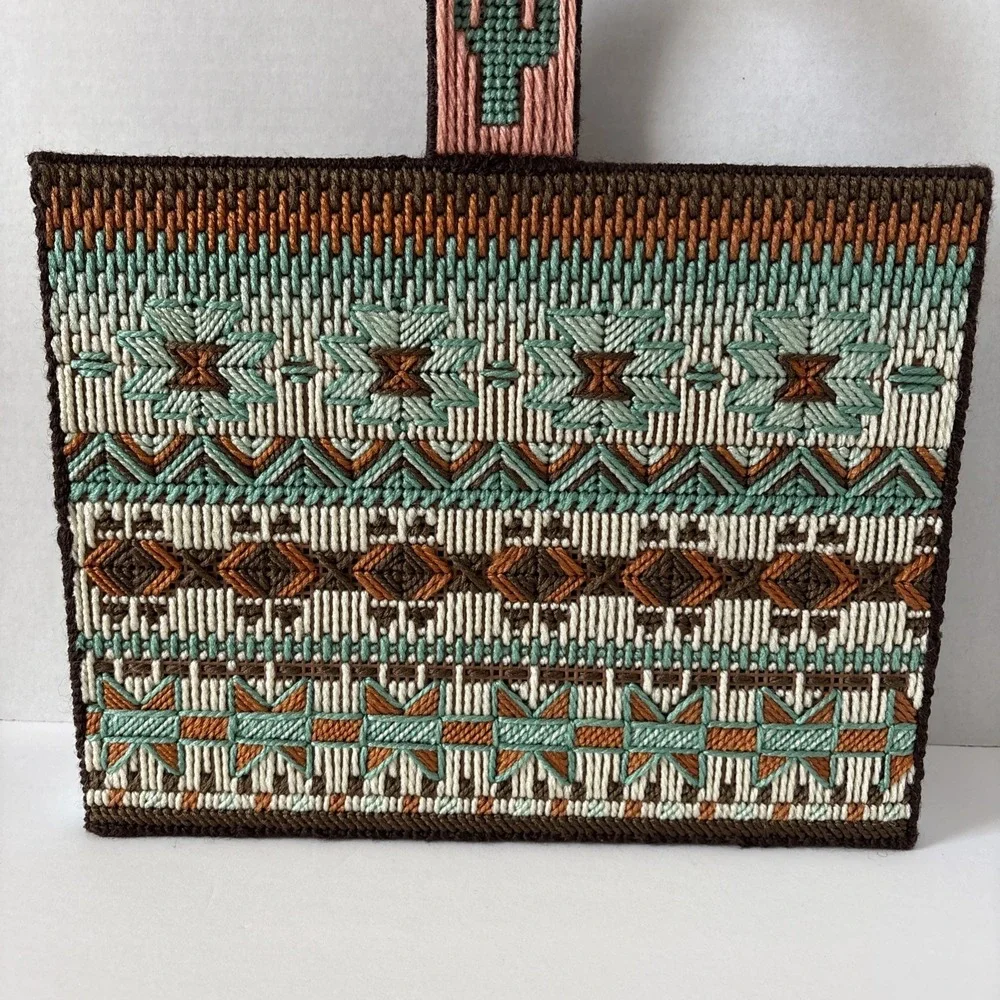 Vintage Handmade Needlepoint Cross Stitch Box Aztec Desert Cactus Purse